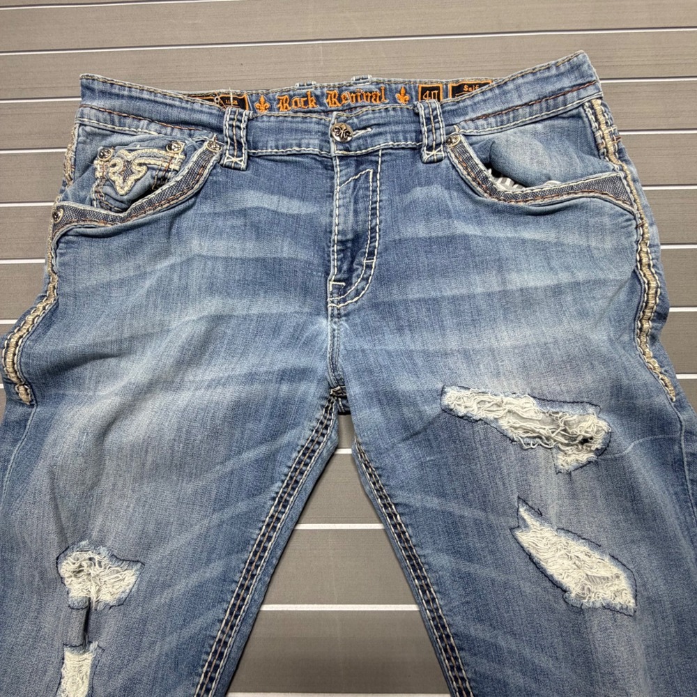 Rock Revival Saif Alt Straight Distressed Blue Denim Jeans Mens 40 Distressed